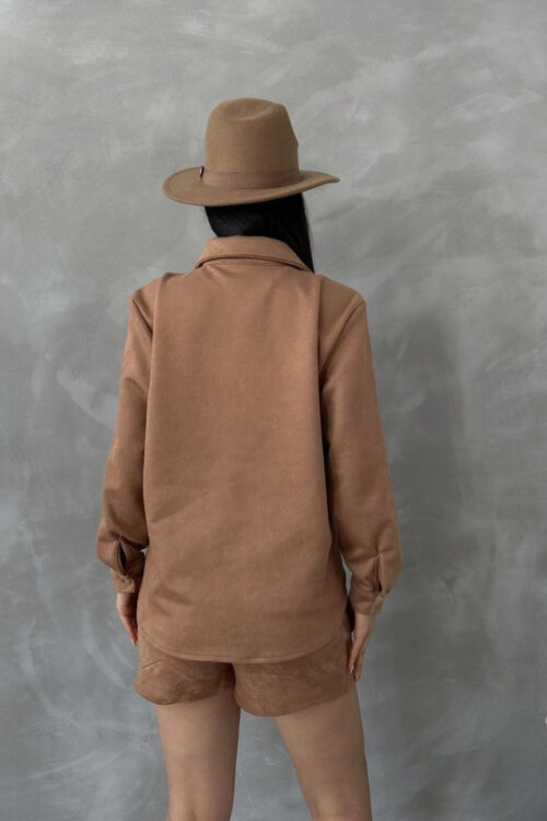 women's brown suede shirt back view