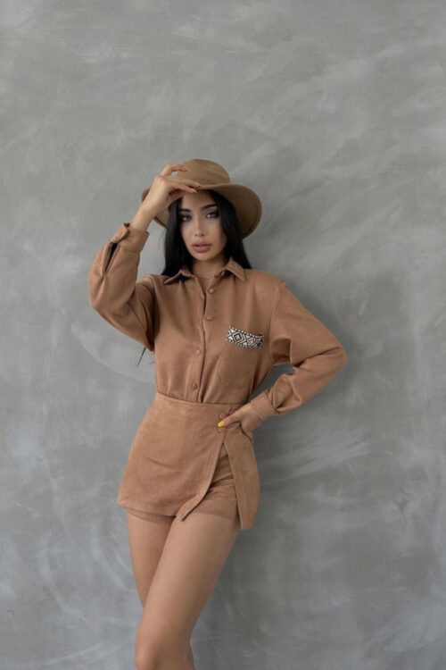 women's brown suede shirt front view pose