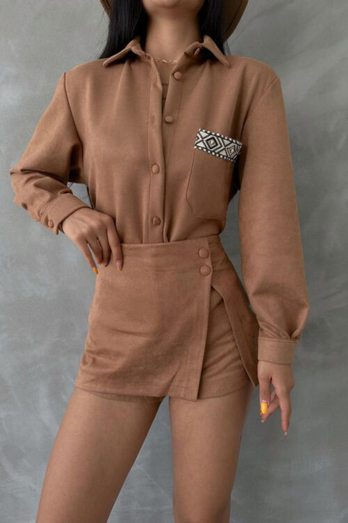 women's brown suede shirt front view zoom