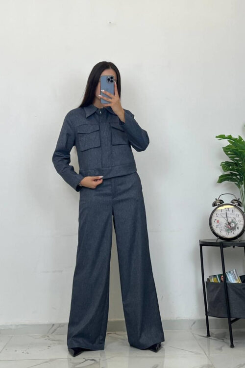 women's navy blue two-piece suit front view pose