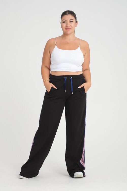 high-waisted track pants with tricolor stripes front view