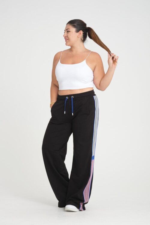 high-waisted tracksuit pants with tricolour stripes front view pose