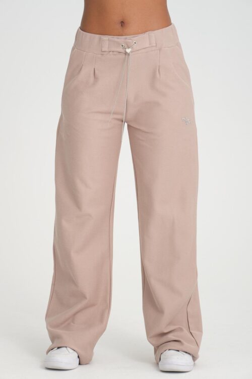 Pantalon de survêtement taille haute évasée vue de face zoom beige