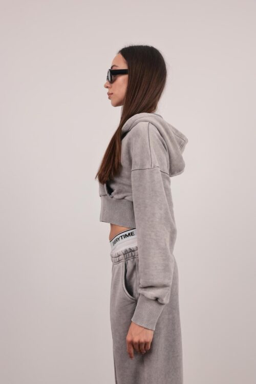 grey crop top sweatshirt with hood and zipper side view