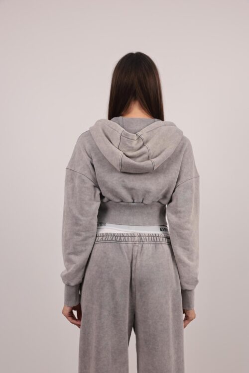 grey crop top sweatshirt with hood and zipper back view